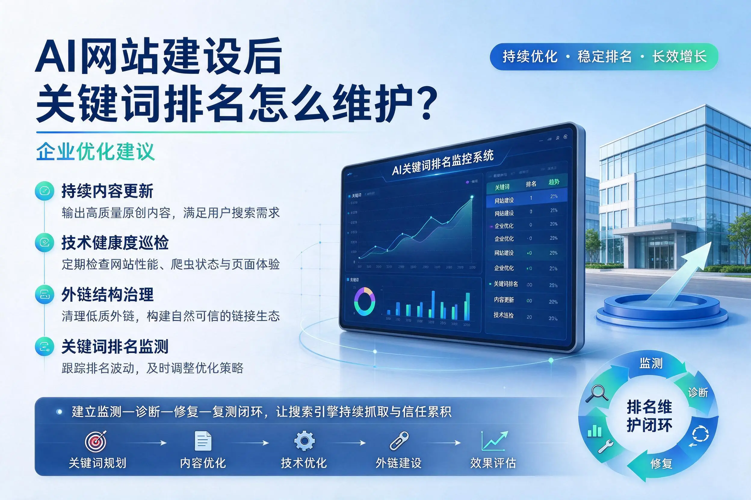 AI网站建设后关键词排名怎么维护?朝阳企业优化建议