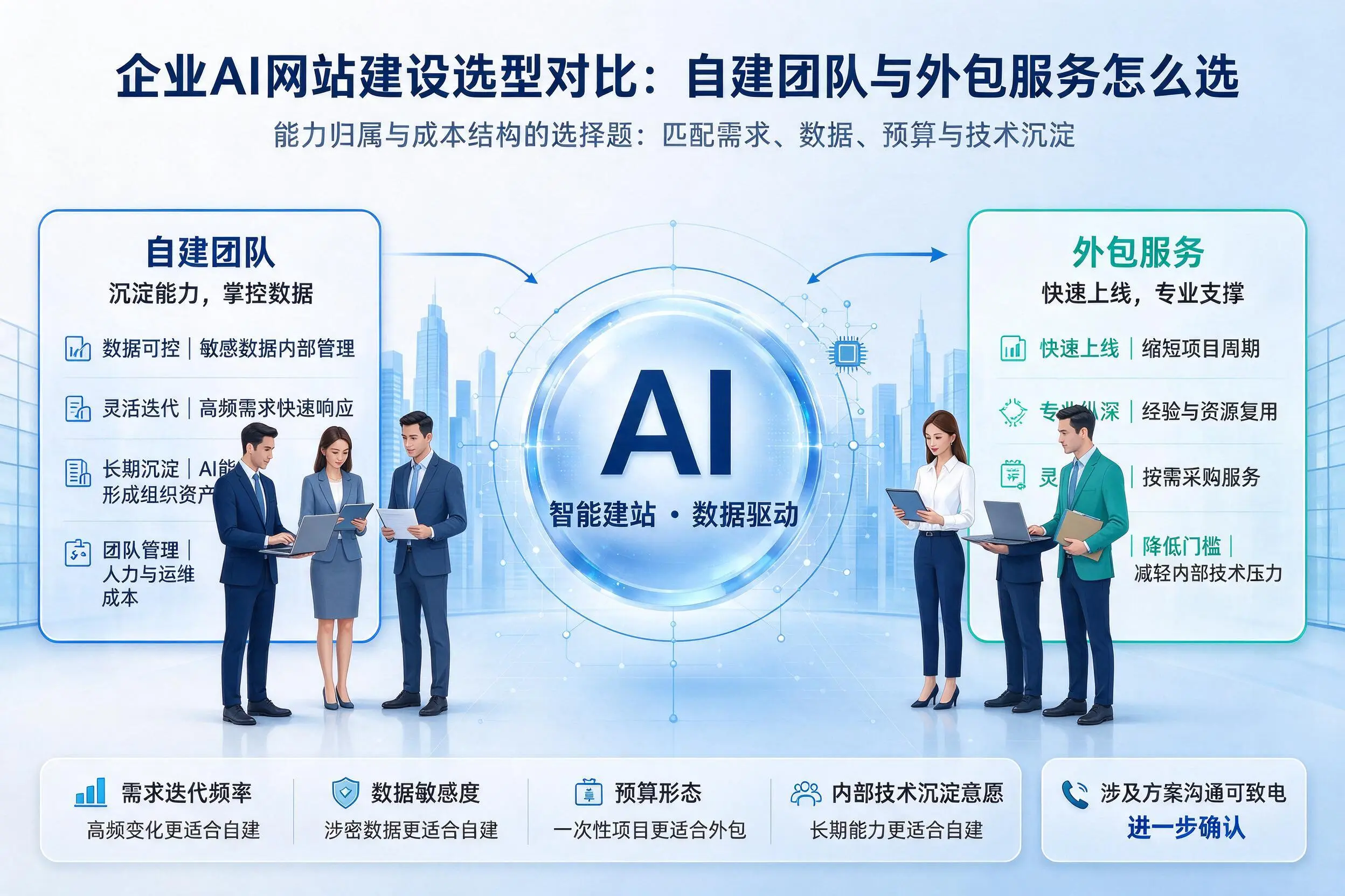 朝阳企业AI网站建设选型对比:自建团队与外包服务怎么选